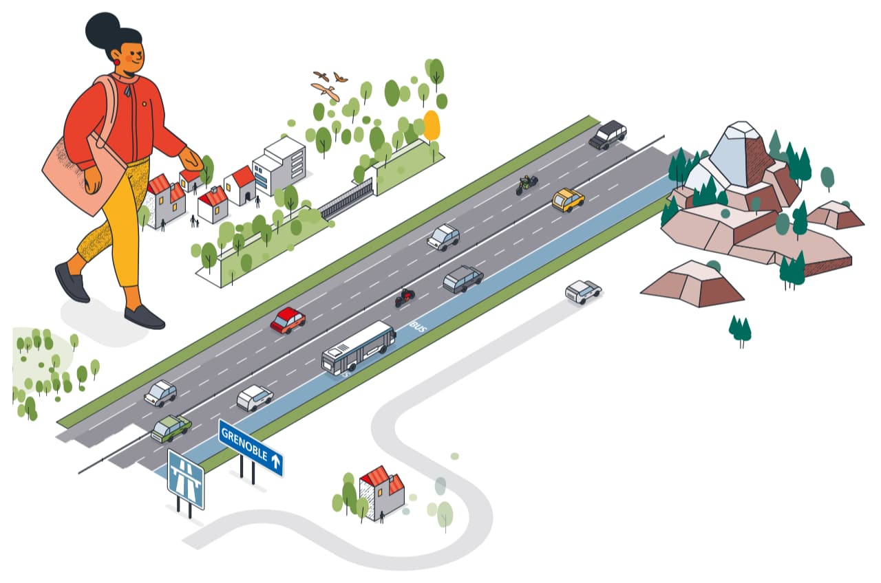 Illustration montrant une jeunne femme se préparant à traverser une autoroute miniature par ©Matthias Orsi