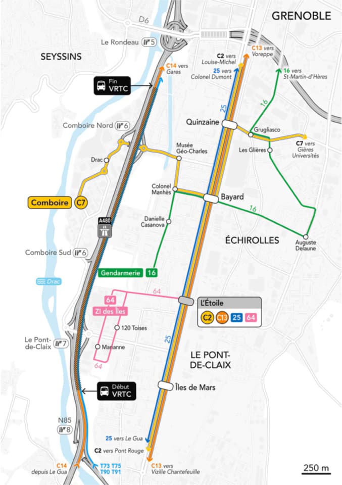 Carte des transports suite aux aménagements prévus sur l'A480 pour la création de la VRTC par ©Carto Diem